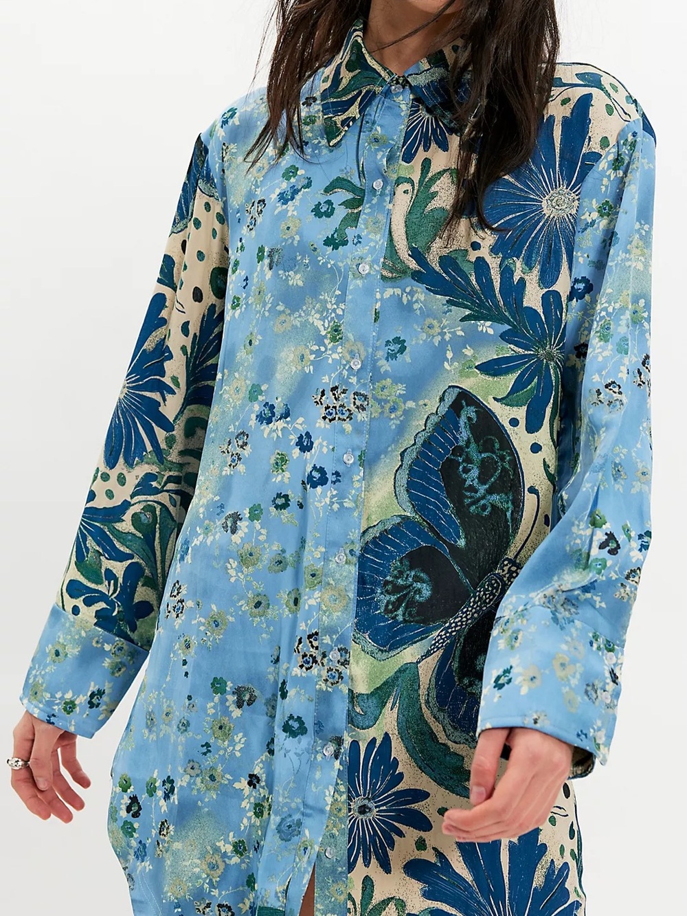 Free People Blue Floral & Butterfly Long Sleeve Button-Up Top